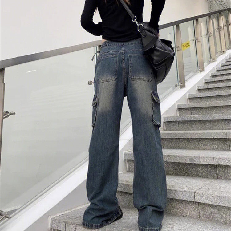 Zip Up Cargo Pocket Straight Leg Washed Jeans - fairypeony