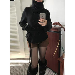 Slim Belt Double-Breasted Woolen Jacket – Belted Winter Coat