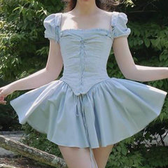 Puff Sleeve Square Collar Dress and Skirt Set