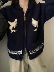 Korean Style Heavy Industry Cartoon Dolphin Lapel Zipper Knitted Cardigan