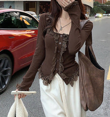 Fairy Patchwork Ruffled Lace Long Sleeve Tee