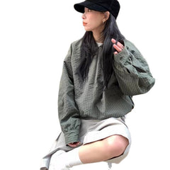 Vintage Plaid Long Sleeve Hooded Zip Crop Top Blouse