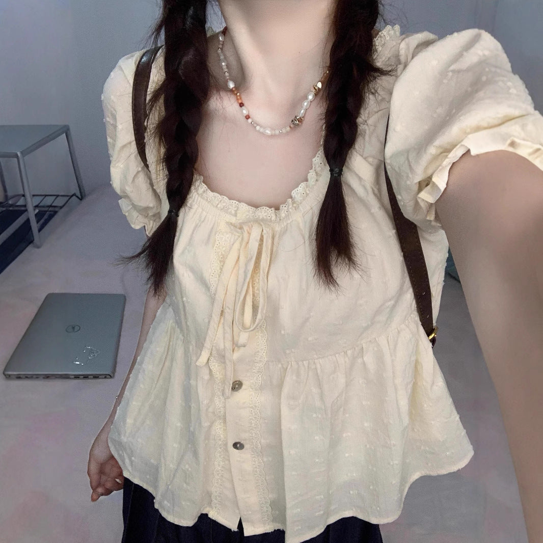 Lace Trim Round Neck Puff Short Sleeve Blouse - fairypeony