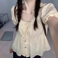 Lace Trim Round Neck Puff Short Sleeve Blouse - fairypeony