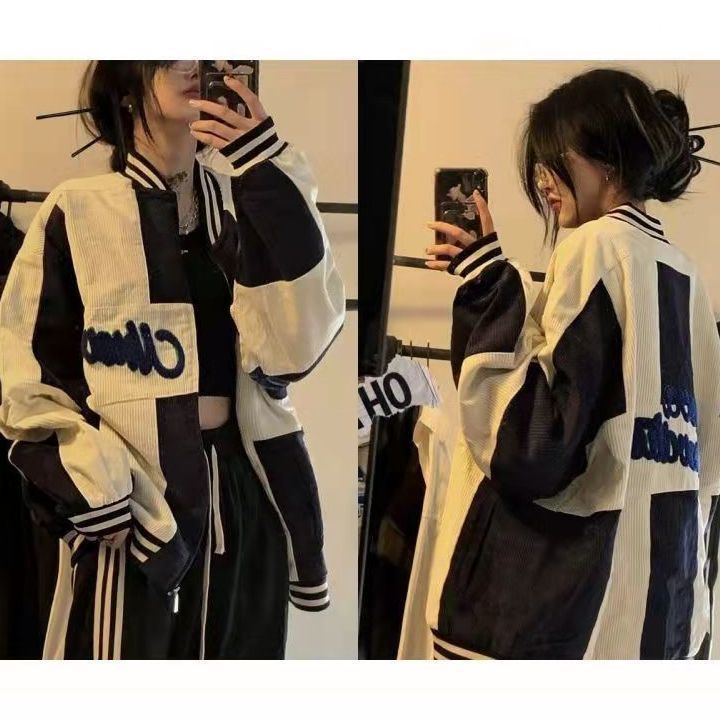 Color Block Zip Up Corduroy Bomber Jacket - fairypeony