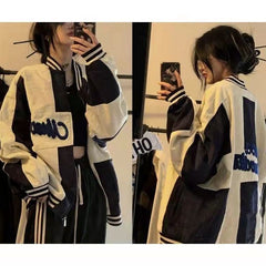 Color Block Zip Up Corduroy Bomber Jacket - fairypeony