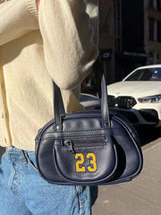 23 Embroidery Navy Blue Pu Leather Handbag