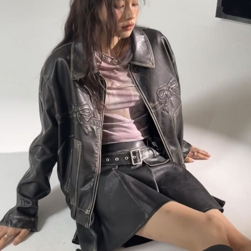 Bow Embroidery Piping Details Leather Jacket - fairypeony