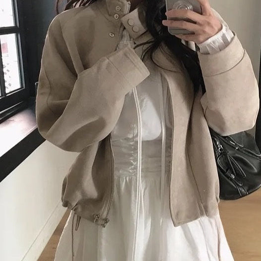 Swing drawstring deerskin fleece jacket in off-white, front view