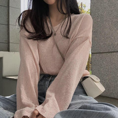Solid Color V-Neck Oversized Knitted Tee