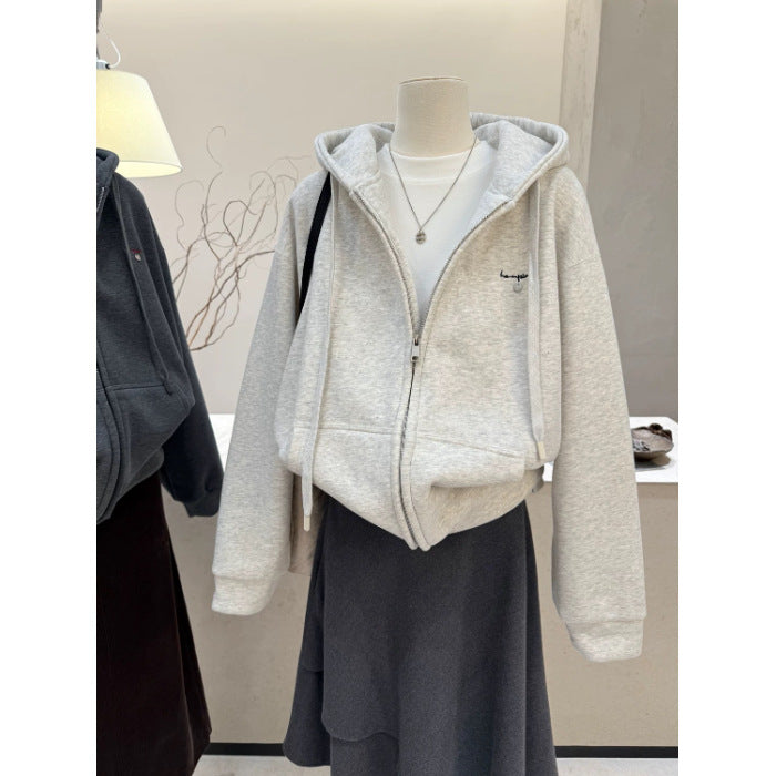 Solid Color Logo Print Zip Up Hoodie