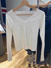 V-neck Lace Trim Long Sleeve Tee