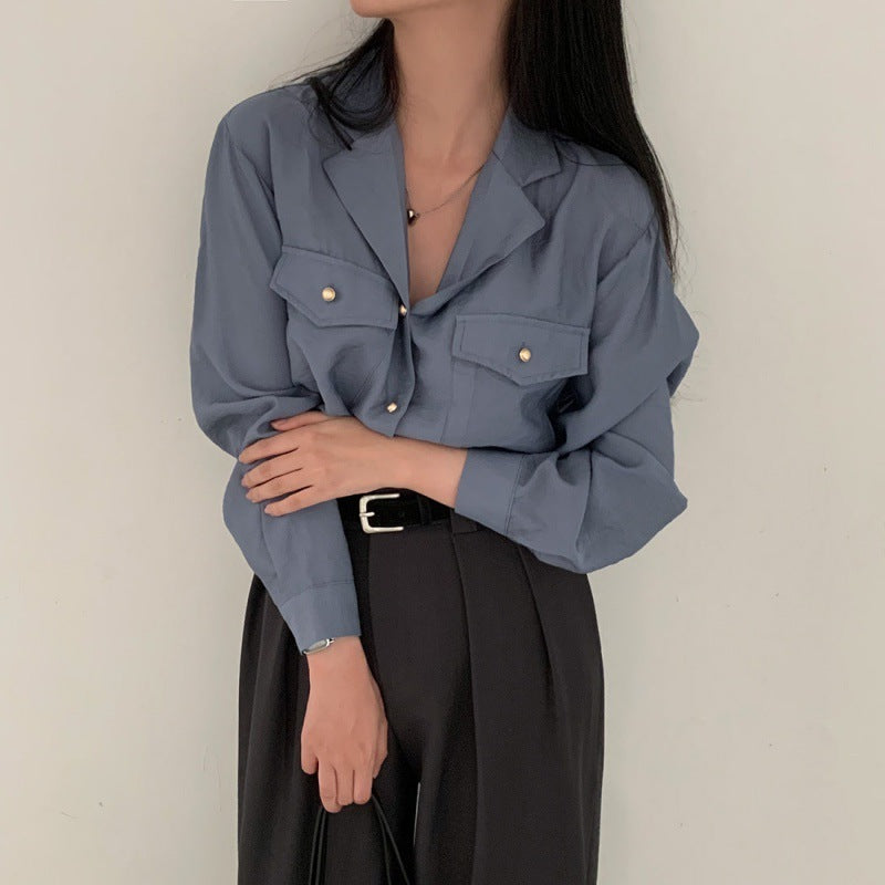 Vintage Suit Collar Double Pocket Long Sleeve Blouse