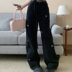 Bow Embroidered Straight Wide Loose Pants