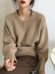 Vintage Solid Color V-Neck Sweater