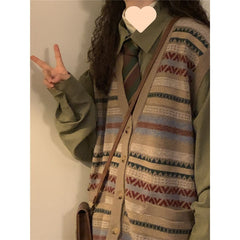 Preppy Print Oversized V-Neck Knitted Vest