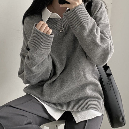 V-Neck Sweater – Korean Chic Lazy Knit Pullover in 8 Colours One Size