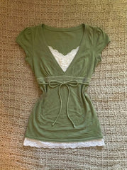 French Retro Lace Spliced Tie-Up Top