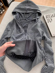 2000s Striped Zip-Up Hooded Jacket – Polka Dot Lined Hoodie in Dark Gray S–3XL