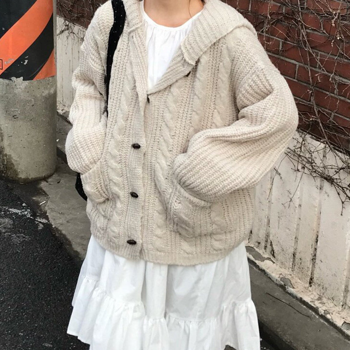 Oversized hooded cable knit cardigan in beige (Mi Xing), street style