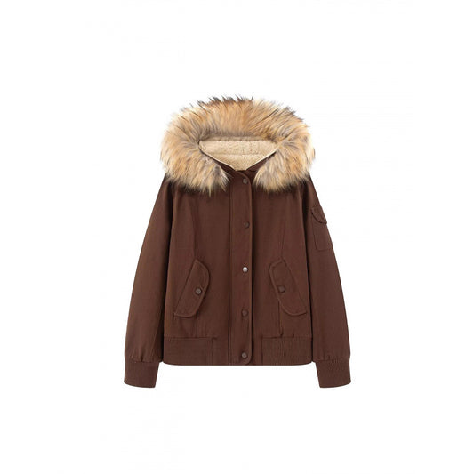 2000s Fur Collar Hooded Workwear Jacket – Dark Brown