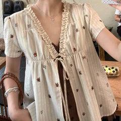 Aesthetic Ruffled V-Neck Fake Two Piece Blouse