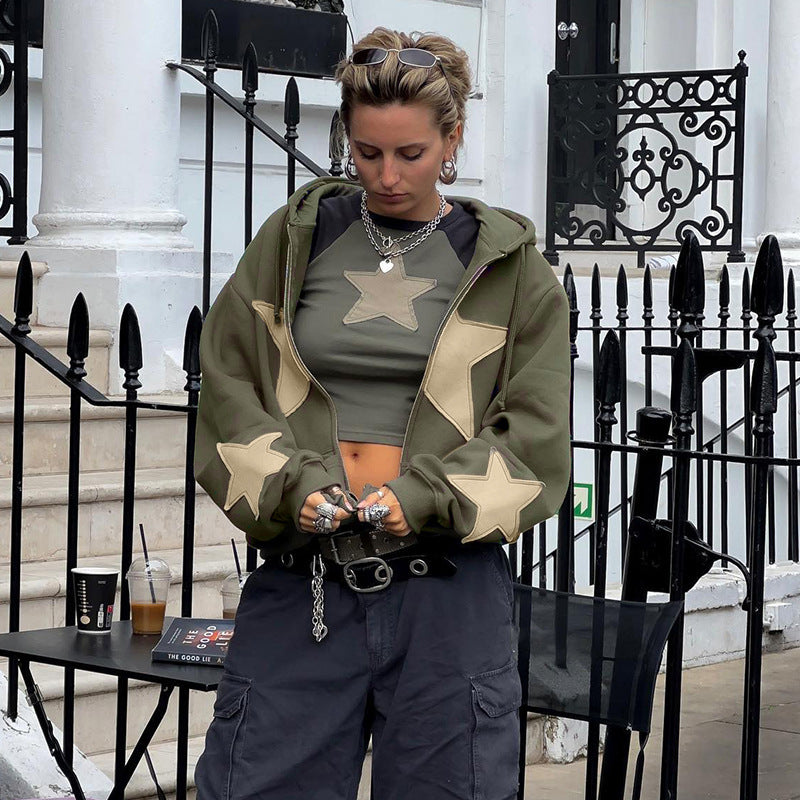 Multiple Star Patch kangaroo Pocket Oversized Hoodie - fairypeony