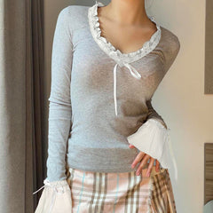 Lace Trim V-neck Bow Long Sleeve Tee