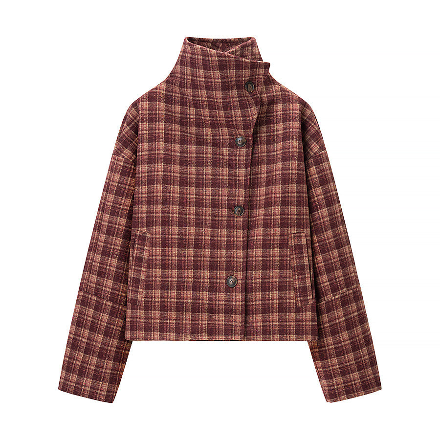 Stand Collar Wool Plaid Jacket