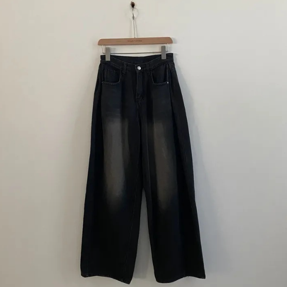 Side-Pleated Wide-Leg Denim Pants – Mid-Waist Distressed Wash Straight Jeans - fairypeony