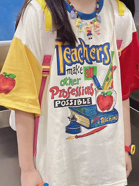 Cartoon Print Patchwork Oversized Short Sleeve Tee