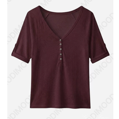 Slim fit half sleeve lapel top in burgundy red, product shot