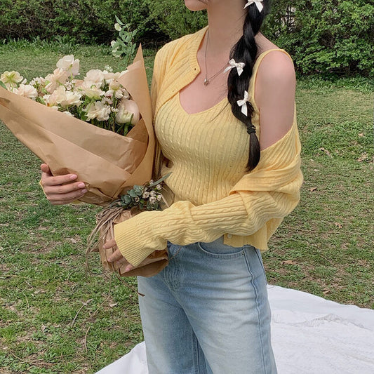 Aesthetic Knitted Cable Knit Cardigan Set - fairypeony