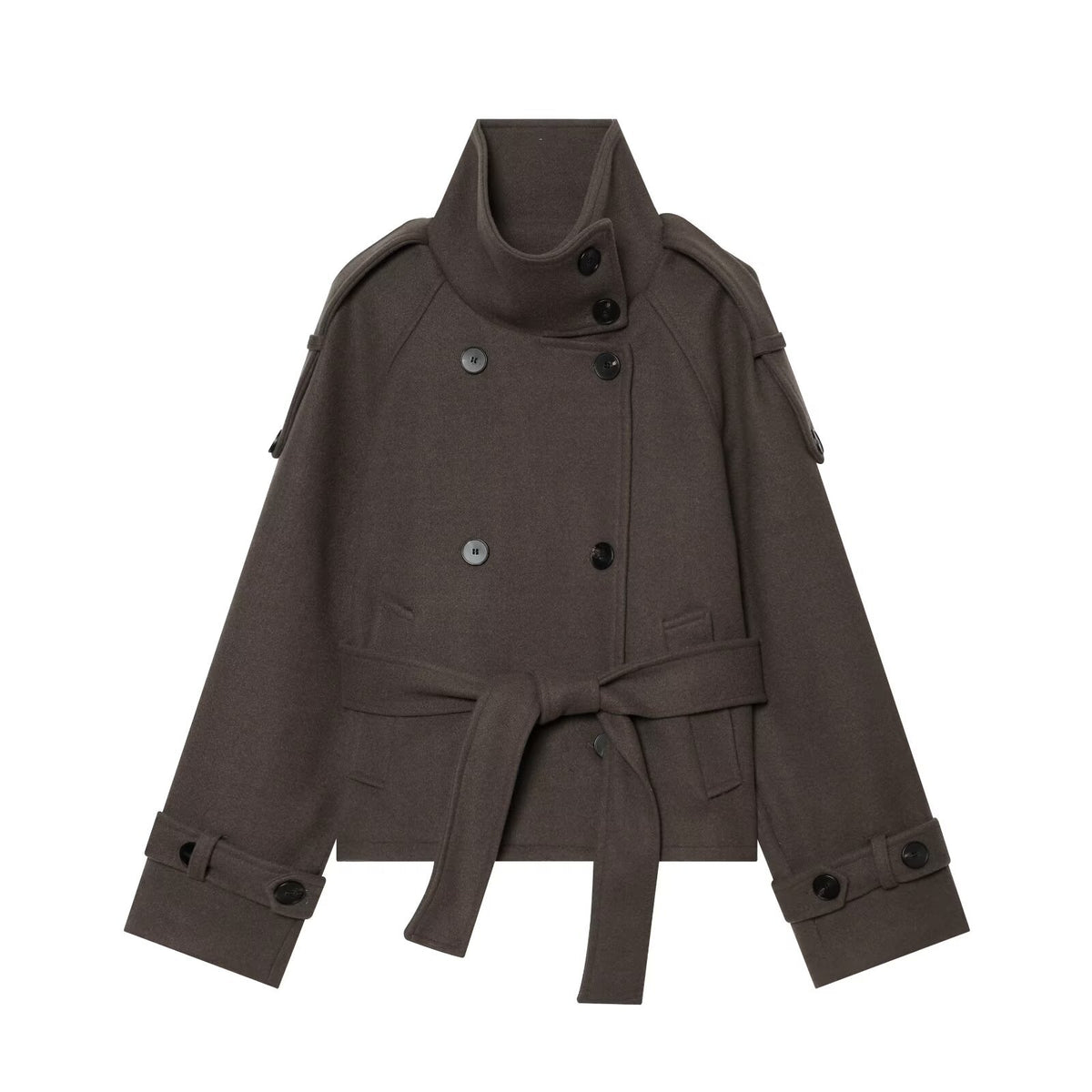 Double-Breasted Solid Color Long Sleeve Coat – Stand Collar Smart Casual Outerwear