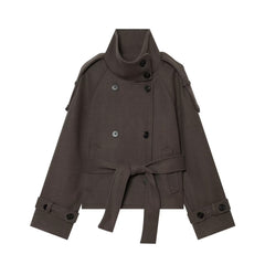 Double-Breasted Solid Color Long Sleeve Coat – Stand Collar Smart Casual Outerwear