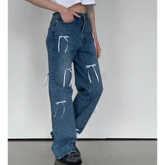 Vintage High Waist Bow Wide Leg Jeans