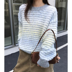 Vintage Round Neck Stripped Fuzzy Sweater