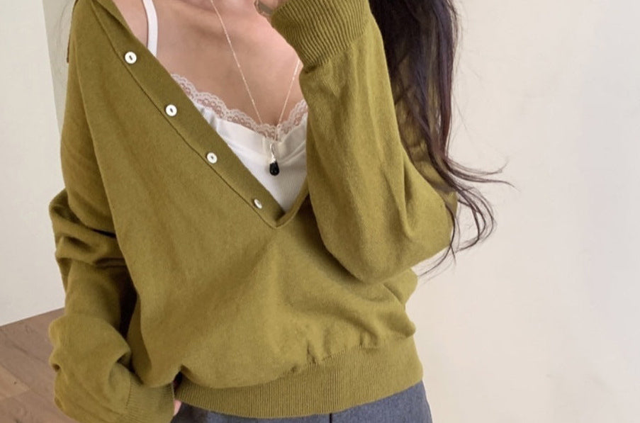 Long sleeve knit polo sweater in Olive Green, worn off the shoulder