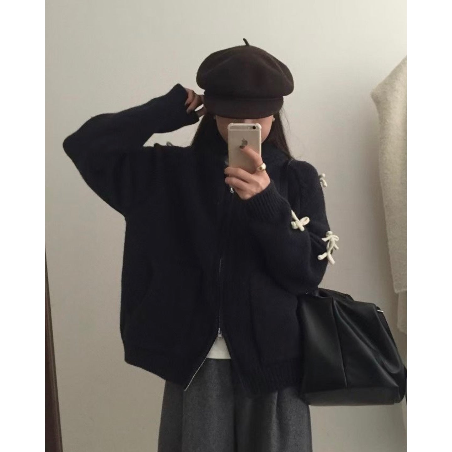 Bow Lazy Cardigan All-matching Lapel Zipper Sweater Coat - fairypeony