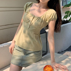 Solid Color Lace Trim Square-Neck Tee