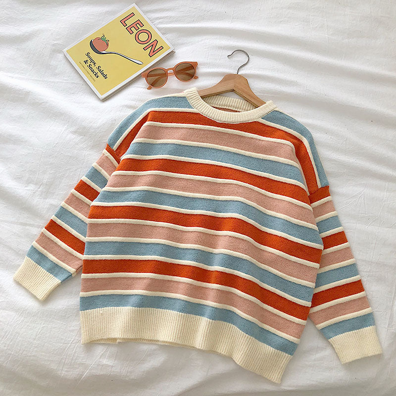 New Korean fan chic small color matching striped sweater - fairypeony