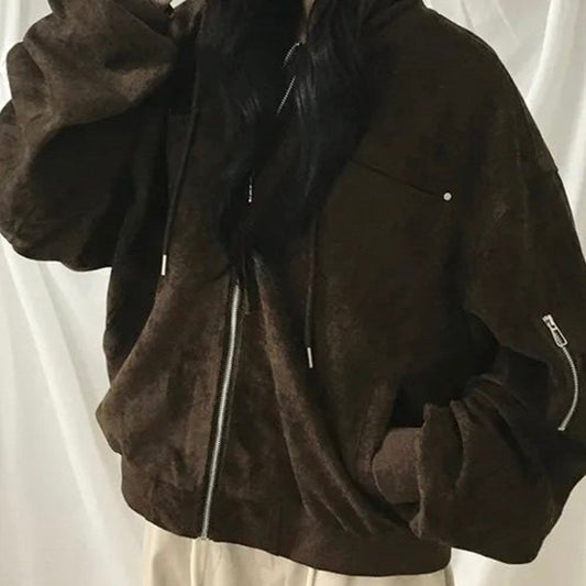 Faux two-piece hooded biker jacket in brown, hood up