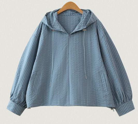 Vintage Plaid Hooded Zip Crop Top – Oversized Long-Sleeve Blouse in 3 Colours