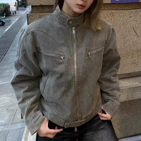 Vintage Washed Patchwork Zip Up Jacket