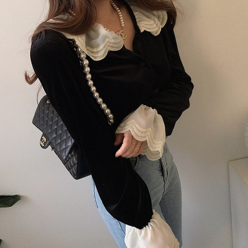 Vintage Velvet Lace Splice Long Sleeve Blouse - fairypeony
