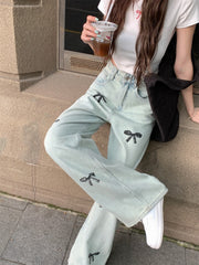 Vintage Lace Bow Print Baggy Boyfriend Jeans