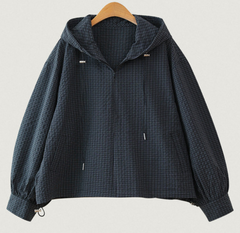 Vintage Plaid Hooded Zip Crop Top – Oversized Long-Sleeve Blouse in 3 Colours