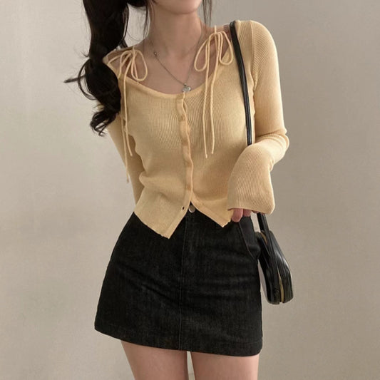 Aesthetic Tie Knot Knit Long Sleeve Tee