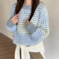 Vintage Round Neck Stripped Fuzzy Sweater