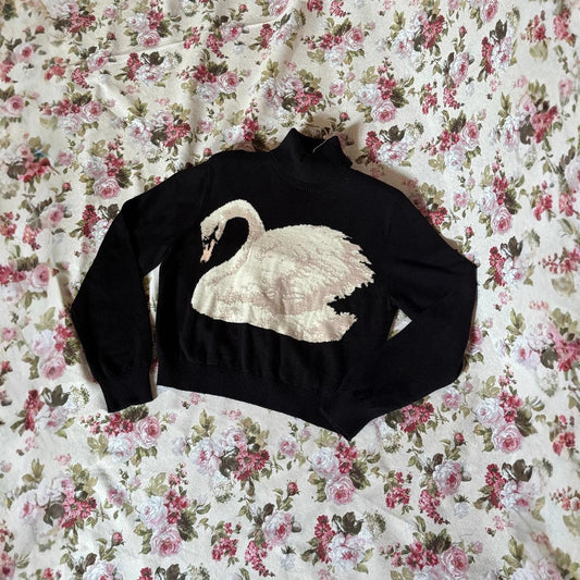 2000s Swan Pattern Loose Turtleneck Sweater – Sizes S–L